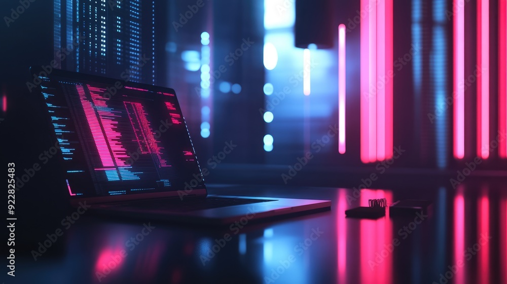 Aufkleber minimalist digital workspace with a glowing laptop and a virtual data screen.