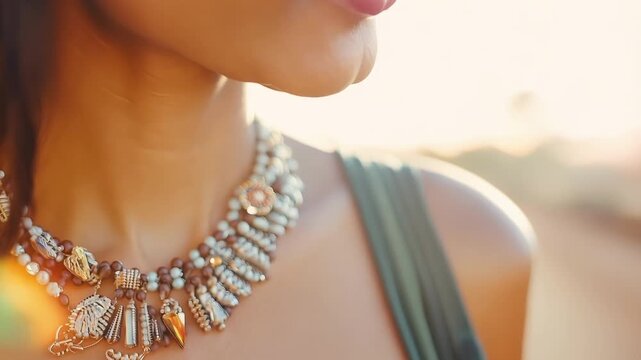 Stunning young woman wearing a unique silver and bronze necklace with tribal designs, adding boho chic to her trendy style