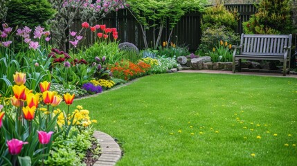 beautiful garden with flowers and a chair