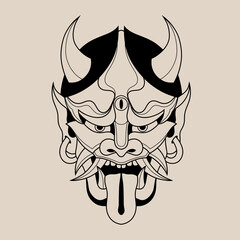 Hand drawn traditional tattoo of a Japanese oni mask outline 13