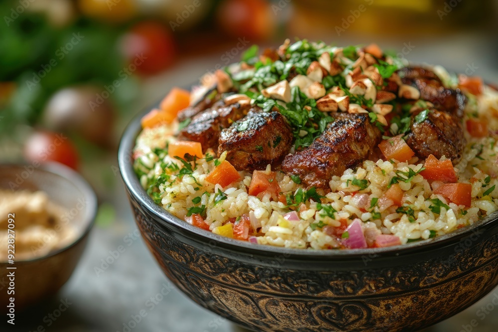 Wall mural Kabsa, hummus, maqluba, maqluba, tabbouleh close-up, rice and meat dish, middle eastern national traditional food. Muslim family dinner, Ramadan, iftar. - generative ai