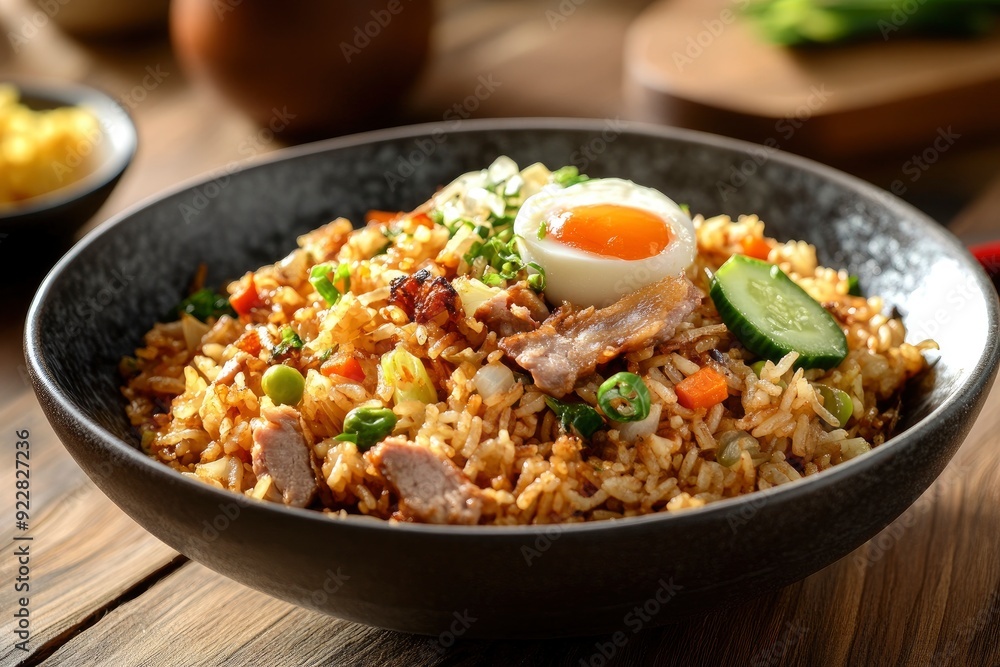 Wall mural nasi goreng is a southeast asian fried rice dish, usually cooked with pieces of meat and vegetables.