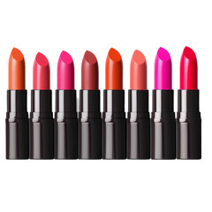 Obraz premium Set of colorful lipsticks in black tubes, isolated on a black background.
