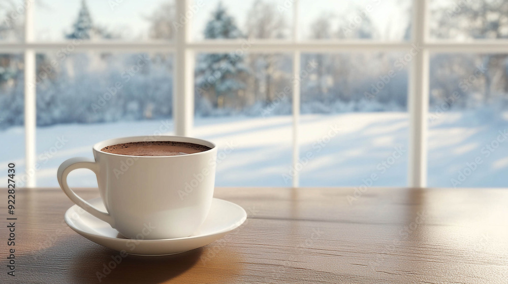 Wall mural white cup of hot chocolate on a wooden table in front a large bright window with a winter landscape 