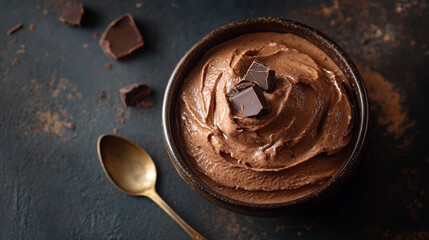 Delicious chocolate mousse dessert on a bowl close-up