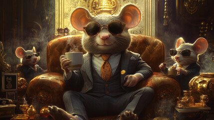 a group of rats wearing suits, greedily eating and hoarding everything they can find
