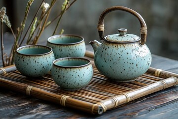 Traditional blue ceramic teapot and tea cups on a bamboo tray, featuring a rustic Japanese tea set for a serene tea ceremony