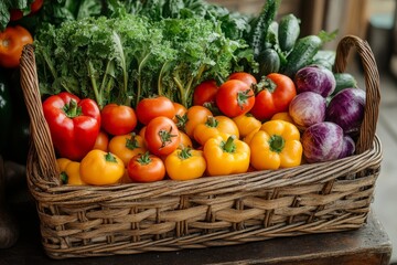 Wicker basket filled with fresh vegetables: peppers, tomatoes, cabbage, kale and leafy greens