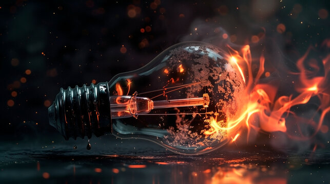 Incandescent light bulb and fire on a dark background. Electricity. Copy space.