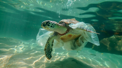 Obraz premium Turtle entangled in plastic bag underwater in ocean. Environmental pollution. Plastic pollution. Concept ecology. 