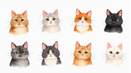 Cute Illustrated Cat Faces in Various Colors - Perfect for Pet Lovers and Graphic Resources