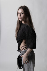 person underpants model cap white look portrait face background beauty hand hair lady