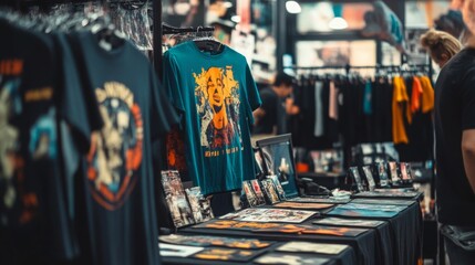 Vibrant shirts featuring artistic designs and various merchandise are showcased on tables at a bustling convention.