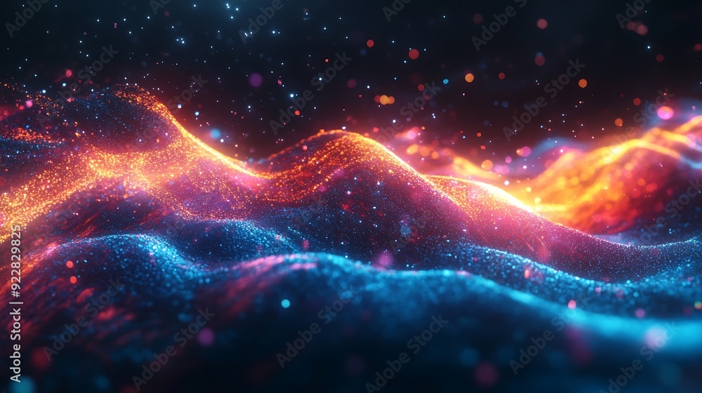 Poster 3D Visualization of Background Music with Glowing Waveforms Pulsing in a Futuristic Dark Space