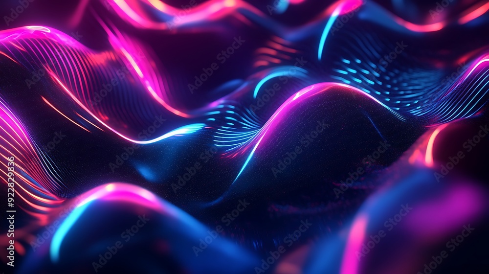 Poster 3D Visualization of Background Music with Glowing Waveforms Pulsing in a Futuristic Dark Space