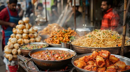 Fototapeta premium Indian street food scene featuring a busy market stall with dishes like vada pav, dosa, and samosas, surrounded by eager customers