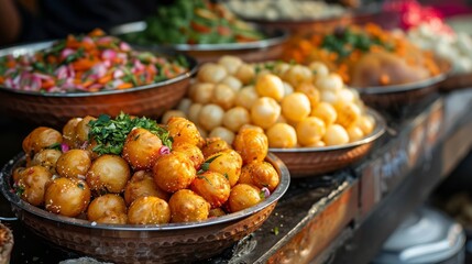 Indian street food scene featuring a busy market stall with dishes like vada pav, dosa, and samosas, surrounded by eager customers