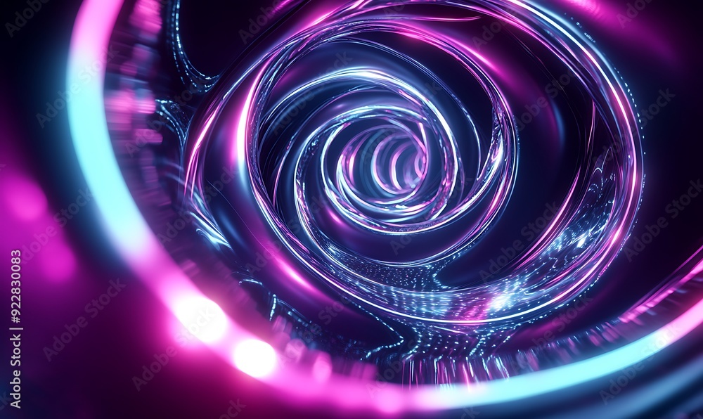 Poster 3d soundscape of music visualized as spiraling luminous ribbons of light in a dark futuristic space