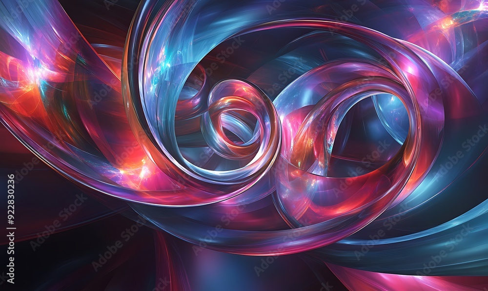 Poster 3d soundscape of music visualized as spiraling luminous ribbons of light in a dark futuristic space