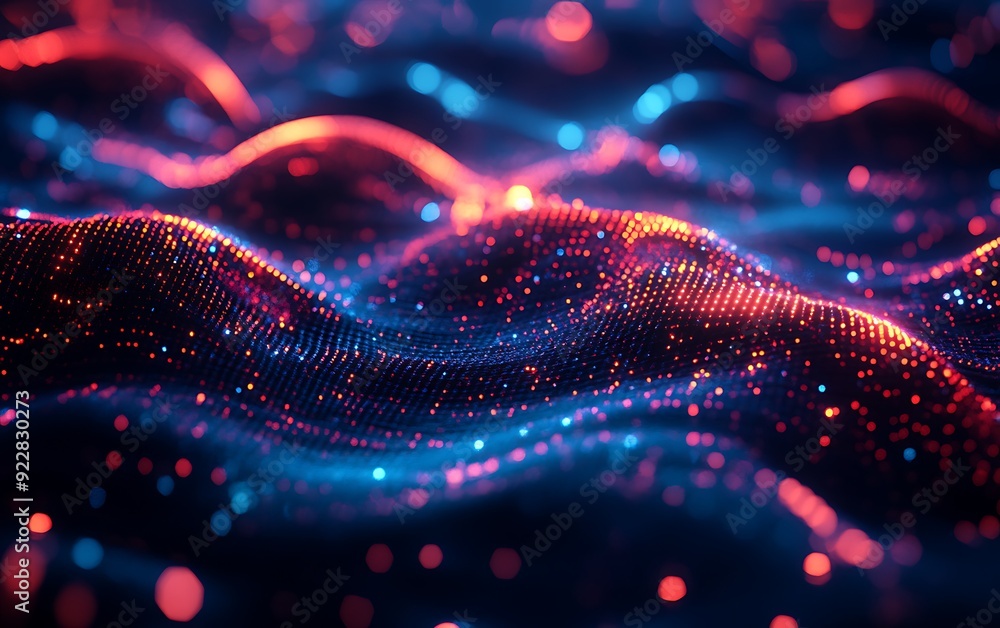 Poster futuristic visualization of music as glowing particles and sound waves in a dark digital space