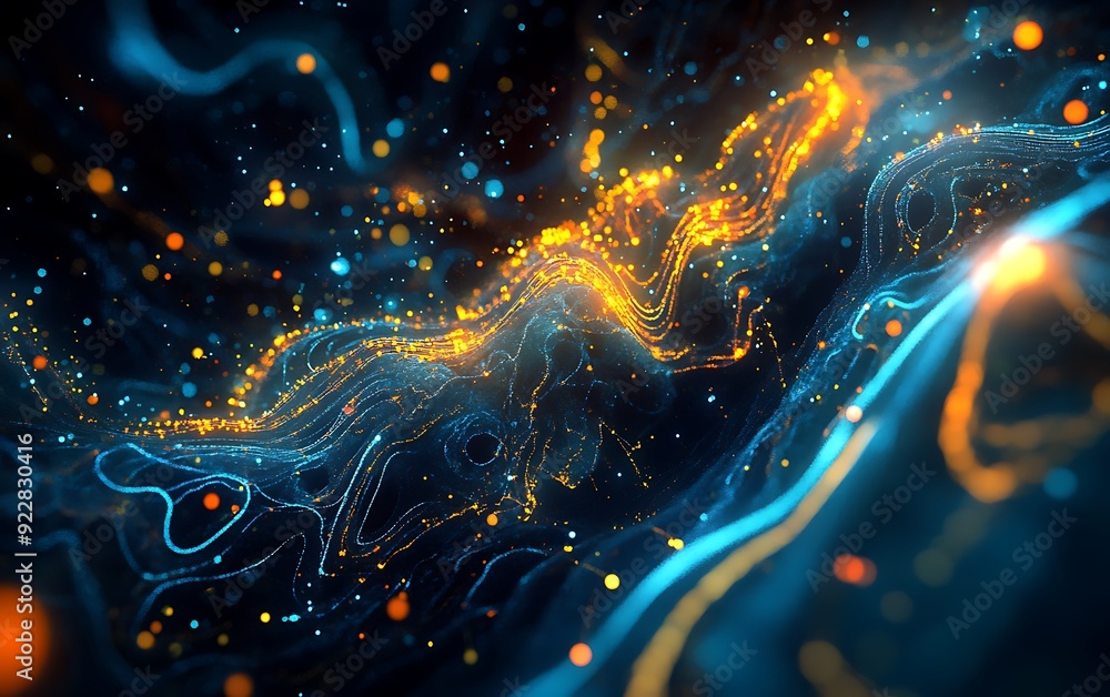 Poster futuristic visualization of music as glowing particles and sound waves in a dark digital space