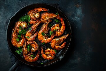 spicy roasted shrimps in cast iron pan , black background, top view, copy space - generative ai