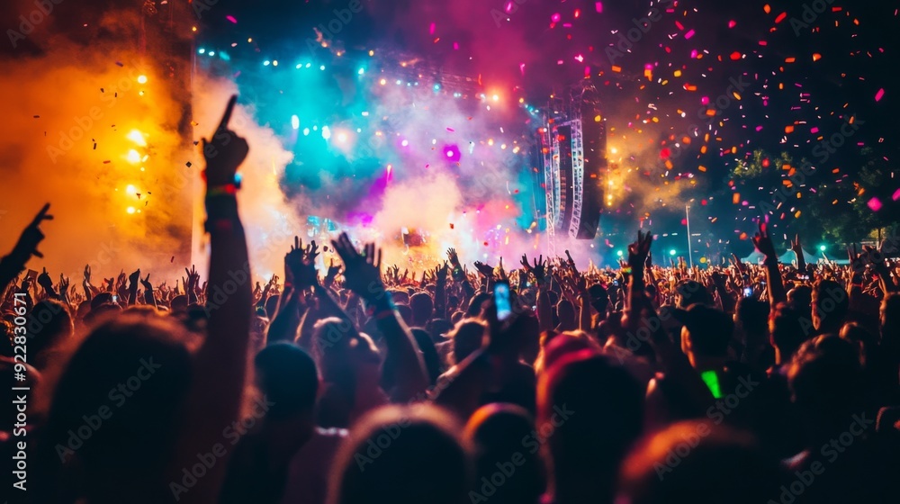 Poster Enthusiastic crowd enjoys a lively performance under colorful lights, surrounded by confetti in the night.