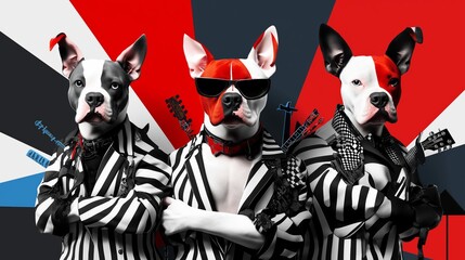 three stylish dogs dressed in black-and-white striped suits with guitars, striking a rockstar pose