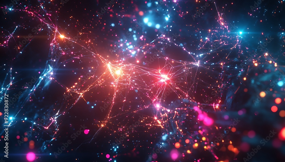 Aufkleber Futuristic Soundscape Visualized as a Web of Interconnected Light Strands and Nodes in a Dark Cosmic Space