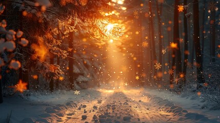 Sunlit Path Through a Snowy Forest with Falling Snowflakes