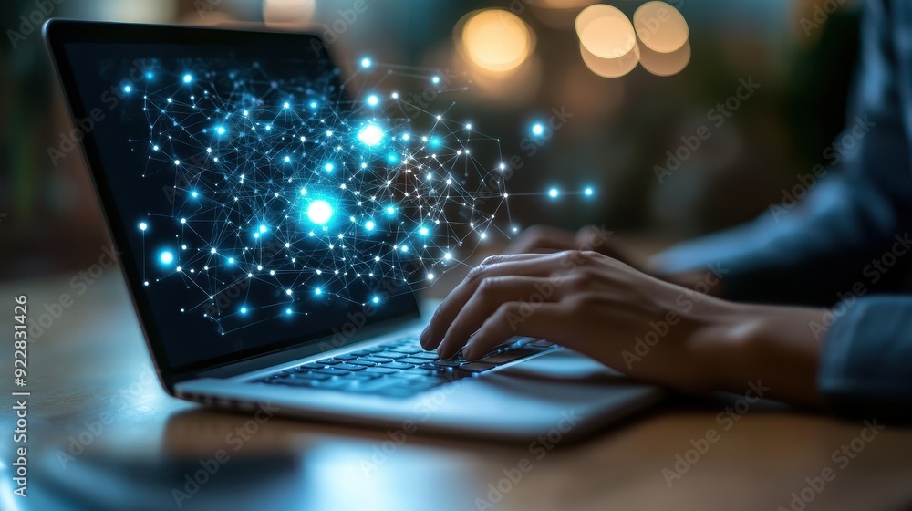 Poster hands typing on laptop with network connection visualization.