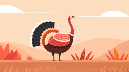 Turkey in a yard with a plain background, minimalist approach, basic shapes, 2D vector, soft pastel tones