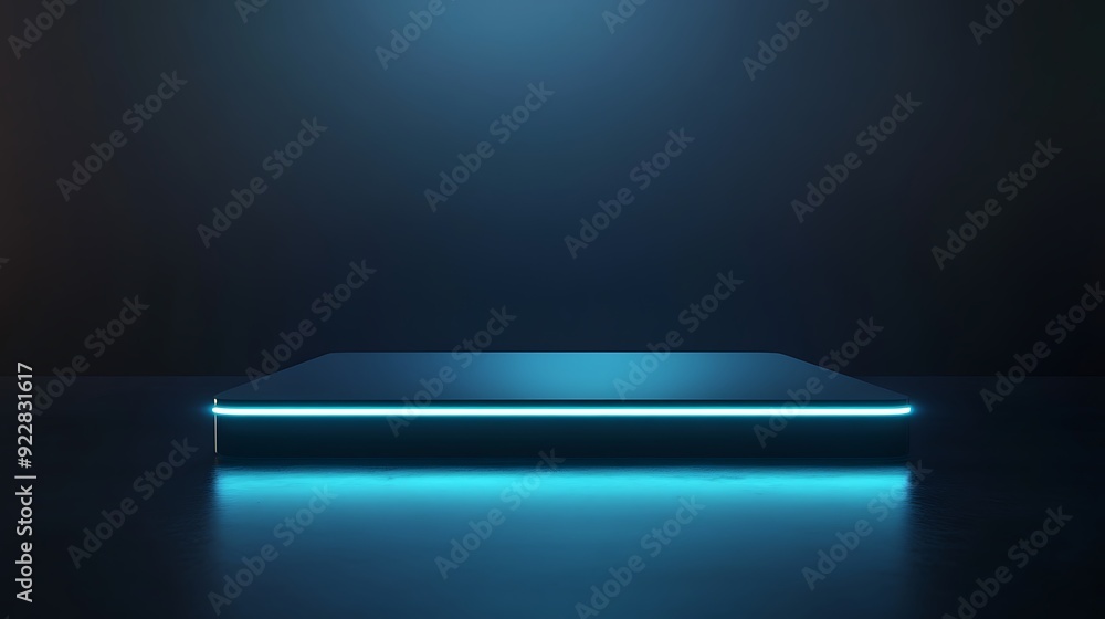 Poster Sleek Futuristic 3D Podium with Reflective Surface Floating in a Dark Ambient Space