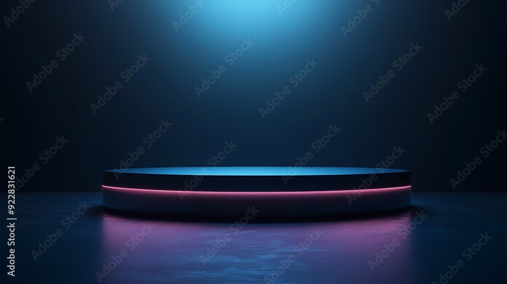 Poster sleek futuristic 3d podium with reflective surface floating in a dark ambient space