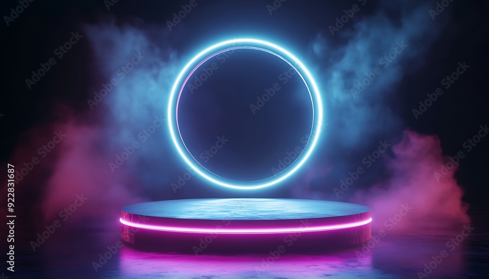 Poster 3D Podium with Circular Platform Surrounded by Glowing Rings of Light in a Dark Futuristic Space