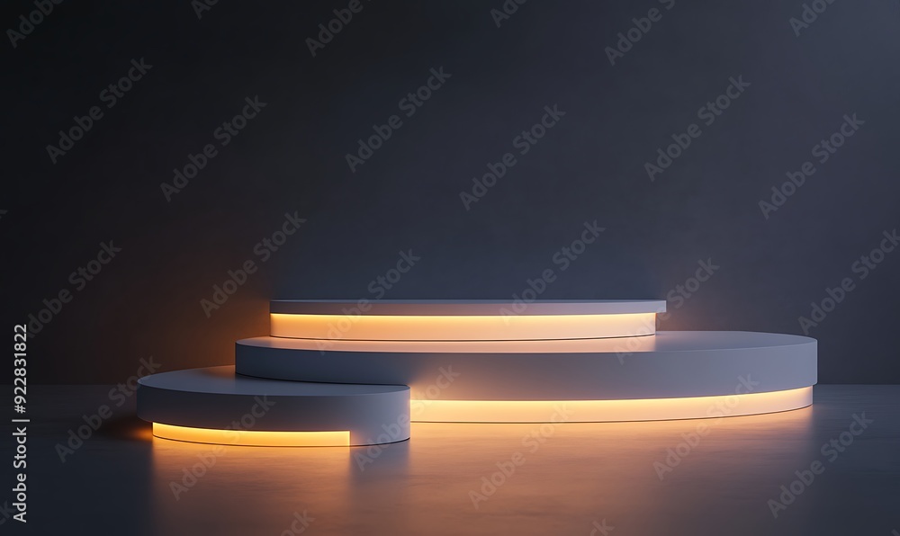 Poster Modern 3D Podium with Multiple Tiers Illuminated by Soft Underglow Lighting in a Dark Minimalistic Space