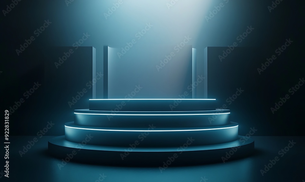 Poster Modern 3D Podium with Multiple Tiers Illuminated by Soft Underglow Lighting in a Dark Minimalistic Space