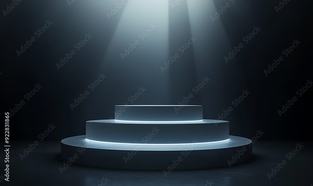 Poster Modern 3D Podium with Multiple Tiers Illuminated by Soft Underglow Lighting in a Dark Minimalistic Space