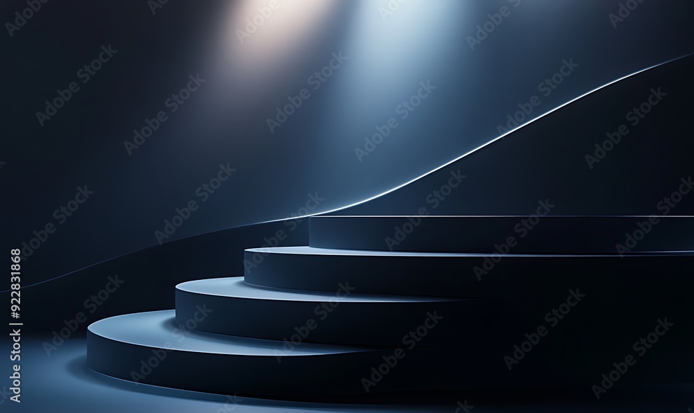 Poster Modern 3D Podium with Multiple Tiers Illuminated by Soft Underglow Lighting in a Dark Minimalistic Space