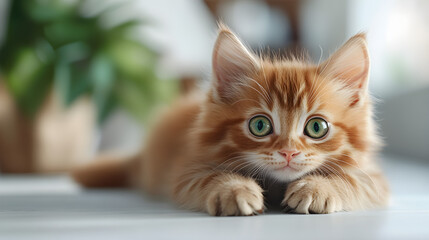 Obraz premium Long haired brown kitten beauty lies on white table in sunlight