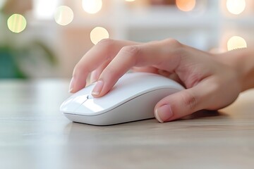 Close-up of a woman's hand using a wireless computer mouse
