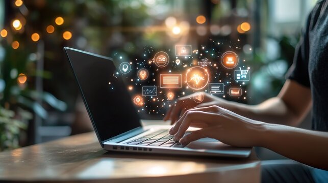 A person is typing on a laptop with a screen that has a lot of icons and symbols