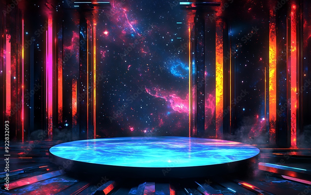 Poster futuristic 3d podium with floating platform supported by glowing energy beams in a dark cosmic space