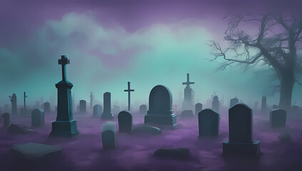 Halloween background spooky foggy cemetery room for copy