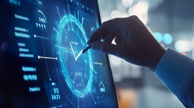 A person is pointing at a clock on a computer screen