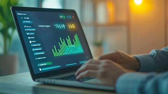 A person is typing on a laptop with a green screen displaying graphs