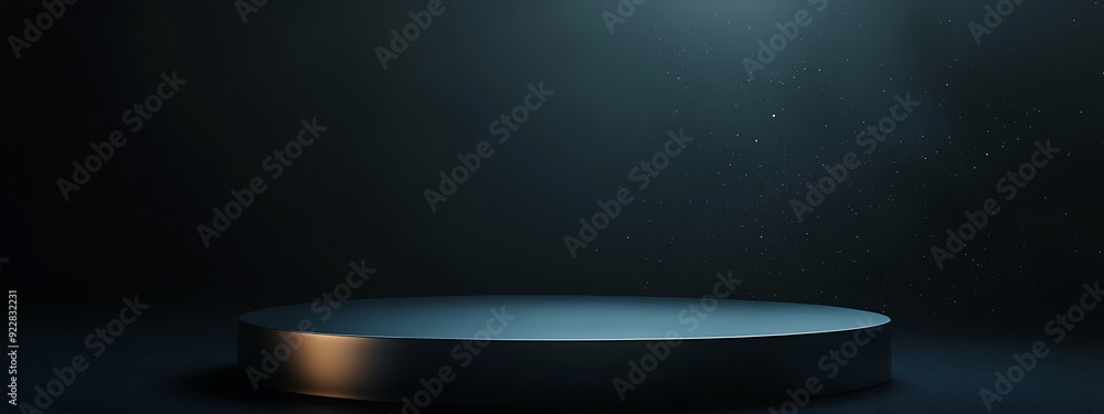 Poster Minimalistic 3D Podium with Sleek Curved Design in a Dark Ambient Space with Floating Particles