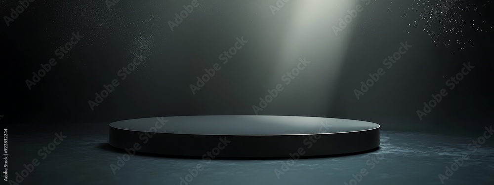 Poster Minimalistic 3D Podium with Sleek Curved Design in a Dark Ambient Space with Floating Particles