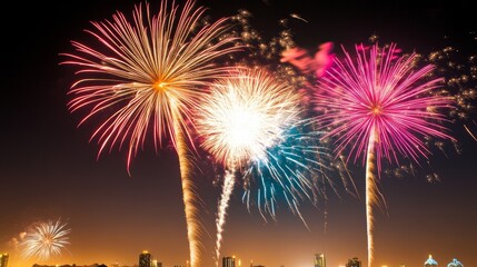Colorful fireworks display over a city skyline