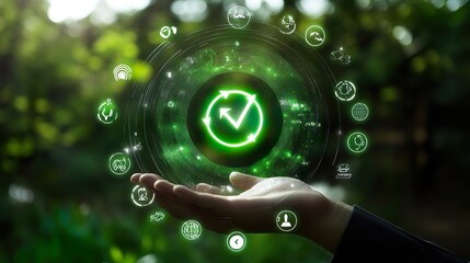 A hand holding a green circle with a check mark in the middle